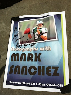 Illustration for article titled A Cornell Fraternity Pledge Had To Dress Up As Mark Sanchez And Sign Autographs In Town